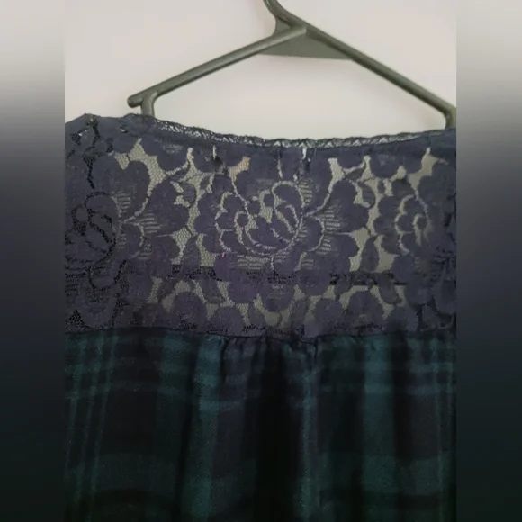 Altered States Women's Blue Plaid Lace Top With Embroideres Bell Sleeves. Medium - Picture 7 of 9